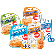 Jan pannenkoeken naturel,
meergranen of volkoren pak à 8 stuks,
poffertjes met boter en suiker pak à 38 stuks
of pancakes nature